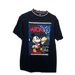 VTG Mickey's Cafe Disney Shirt M/L Black Collar Print Coffee Graphic Print USA